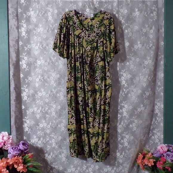 Vintage 80s Muumuu 1980s Hawaiian Tropical Retro House Dress Boho Maxi Size 1X - Picture 1 of 6